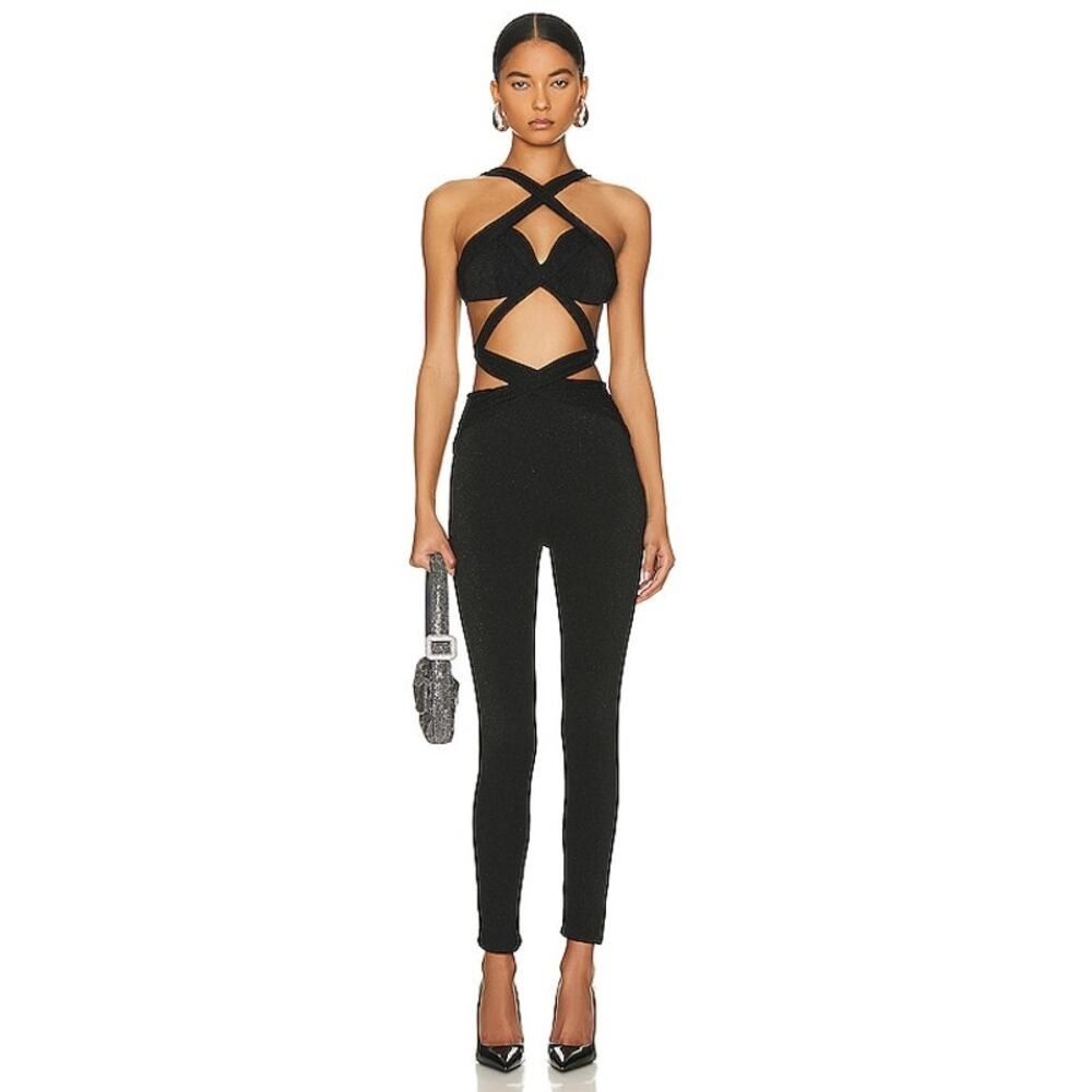 PatBO‎ Black Lurex Cut Out Jumpsuit Resort Vacation Wedding Guest Size 4 Catsuit